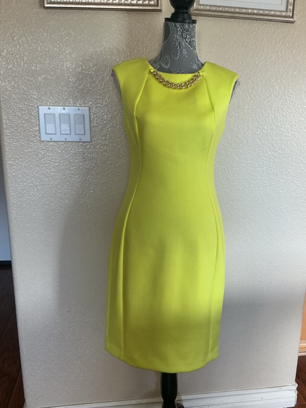 Calvin Klein Neon Yellow Scuba Sleeveless Dress Gold Chunky Chain